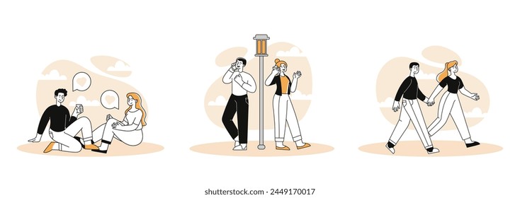 Attention in relasionship set. Man and woman at romantic meetings and dates. Couple in love outoodrs. Pair with passion and romance. Simple flat vector collection isolated on white background