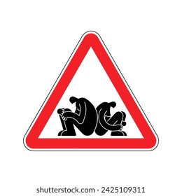 Attention relationships. Red triangular road sign Lovers' quarrel symbol. Caution Two people are sitting with their faces turned away. Pain and disappointment in partner