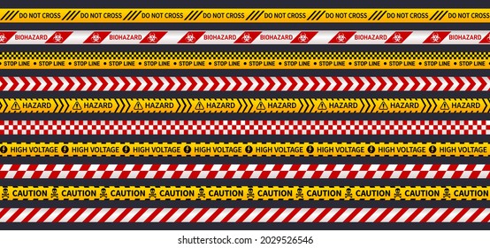 Attention ribbons. Secure tape seamless pattern, construction, bio hazard or danger. Police investigation, emergency tapes exact vector borders