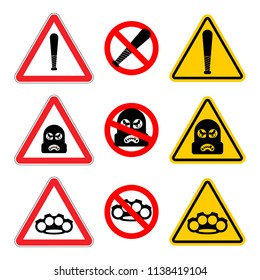 Attention Robber sign set. Stop Caution Rogue. It is forbidden Burglar. Road prohibitory sign. Danger thief vector illustration