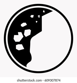 Attention rockfall caution sign with falling rocks or stones symbol. Warning or danger precaution vector isolated icon or label