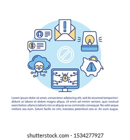 Attention scam article page vector template. Fraud warning brochure, magazine, booklet design element with linear icons. Stealing info. Internet crime. Print design. Concept illustrations with text