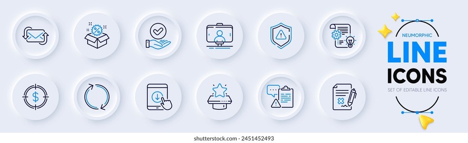 Attention, Scroll down and Approved checkbox line icons for web app. Pack of Reject file, Winner podium, Cogwheel pictogram icons. Dollar target, Clipboard, Selfie stick signs. Sale. Vector