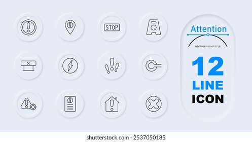 Icono de conjunto de atención. Símbolo de alerta, marcador de ubicación, señal de parada, tablero de precaución, barrera, relámpago, grupo de exclamación, Botón de energía, triángulo de advertencia con engranaje, documento de alerta, advertencia de la casa
