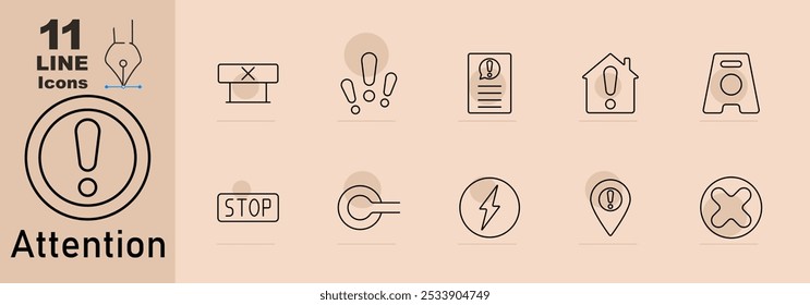 Attention set icon. Error sign, exclamation mark, document with alert, home alert, caution sign, stop sign, reload arrow, lightning warning, location with exclamation, close symbol.