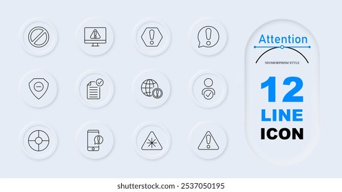 Ícone de conjunto de atenção. Sem entrada, aviso de computador, ponto de exclamação, alerta de balão de fala, proibição de escudo, verificação de documentos, notificação móvel, alerta triangular, aviso global, usuário verificado