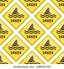 Attention shark fin flipper vector sign icon dangerous button water beach serfing shark warning yellow sign