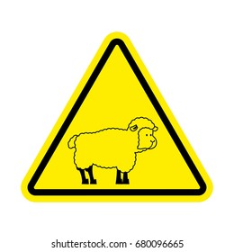 Attention of sheep. Caution farm is an animal. Yellow prohibitory road sign. Ban ewe
