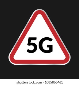 Attention sign with 5G icon on black background. Triangle sign