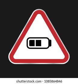 Attention sign with battery icon on black background. Triangle sign