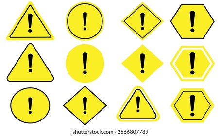 Attention sign caution warning icon set. Danger Exclamation mark symbol. Yellow triangular warning alarm, danger sign, fatal error message element.