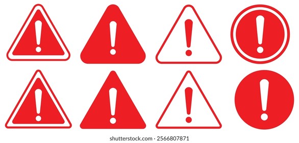 Attention sign caution warning icon set. Danger Exclamation mark symbol. Red triangular warning alarm, danger sign, fatal error message element.