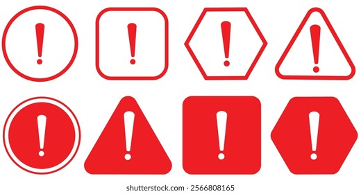 Attention sign caution warning icon set. Danger Exclamation mark symbol. Red triangular warning alarm, danger sign, fatal error message element.