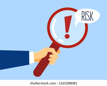 Attention sign. Hand holding magnifying glass with exclamation sign in it. Danger or risk warning and be careful advice. Isolated flat vector illustration