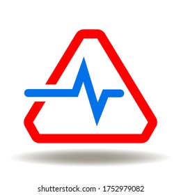 Señal de atención con vector de icono de latido del corazón. Logotipo de alerta médica. Símbolo de peligro de aviso de ritmo cardíaco.