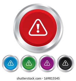 Attention sign icon. Exclamation mark. Hazard warning symbol. Round metallic buttons. Vector