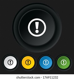 Attention sign icon. Exclamation mark. Hazard warning symbol. Round colourful buttons on black texture. Vector