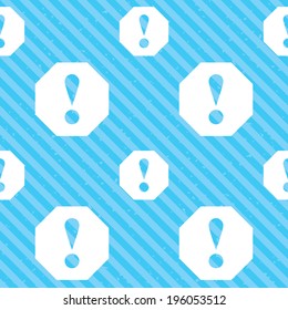 Attention sign icon. Exclamation mark. Hazard warning symbol. Seamless diagonal lines texture. Blue grunge texture background. Vector