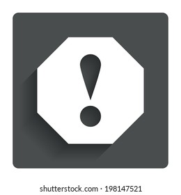 Attention sign icon. Exclamation mark. Hazard warning symbol. Gray flat button with shadow. Modern UI website navigation. Vector