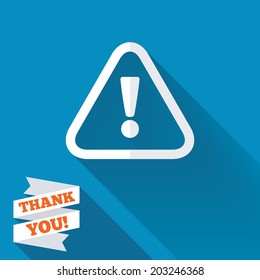Attention sign icon. Exclamation mark. Hazard warning symbol. White flat icon with long shadow. Paper ribbon label with Thank you text. Vector