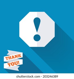 Attention sign icon. Exclamation mark. Hazard warning symbol. White flat icon with long shadow. Paper ribbon label with Thank you text. Vector