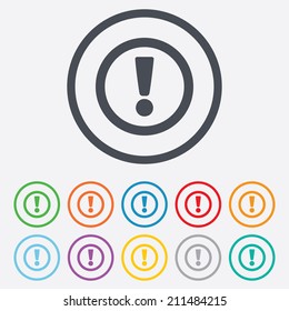 Attention sign icon. Exclamation mark. Hazard warning symbol. Round circle buttons with frame. Vector