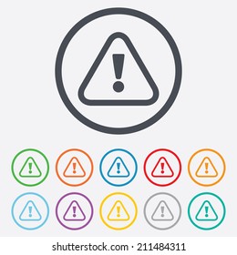 Attention sign icon. Exclamation mark. Hazard warning symbol. Round circle buttons with frame. Vector