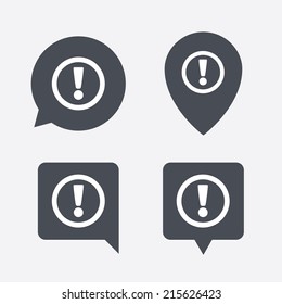 Attention sign icon. Exclamation mark. Hazard warning symbol. Map pointers information buttons. Speech bubbles with icons. Vector