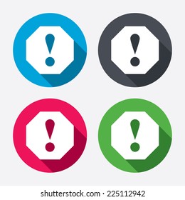 Attention sign icon. Exclamation mark. Hazard warning symbol. Circle buttons with long shadow. 4 icons set. Vector