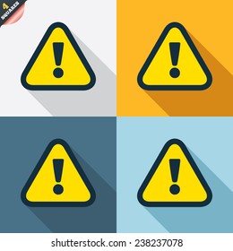Attention sign icon. Exclamation mark. Hazard warning symbol. Four squares. Colored Flat design buttons. Vector