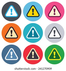 Attention sign icon. Exclamation mark. Hazard warning symbol. Colored round buttons. Flat design circle icons set. Vector