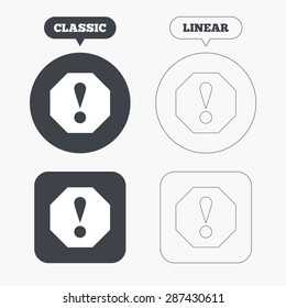 Attention sign icon. Exclamation mark. Hazard warning symbol. Classic and line web buttons. Circles and squares. Vector