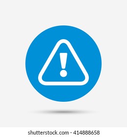 Attention sign icon. Exclamation mark. Hazard warning symbol. Blue circle button with icon. Vector