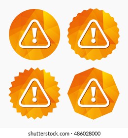 Attention sign icon. Exclamation mark. Hazard warning symbol. Triangular low poly buttons with flat icon. Vector