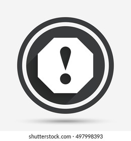 Attention sign icon. Exclamation mark. Hazard warning symbol. Circle flat button with shadow and border. Vector