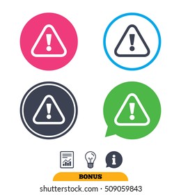 Attention sign icon. Exclamation mark. Hazard warning symbol. Report document, information sign and light bulb icons. Vector