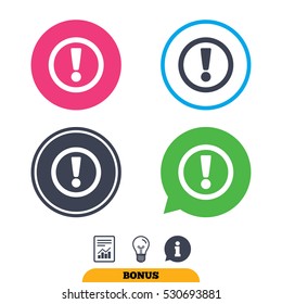 Attention sign icon. Exclamation mark. Hazard warning symbol. Report document, information sign and light bulb icons. Vector