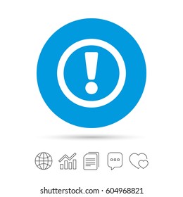 Attention sign icon. Exclamation mark. Hazard warning symbol. Copy files, chat speech bubble and chart web icons. Vector