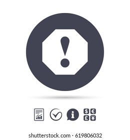 Attention sign icon. Exclamation mark. Hazard warning symbol. Report document, information and check tick icons. Currency exchange. Vector