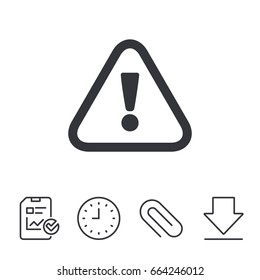 Attention sign icon. Exclamation mark. Hazard warning symbol. Report, Time and Download line signs. Paper Clip linear icon. Vector