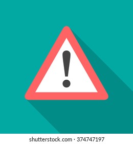 Attention sign icon with long shadow. Flat design style. Simple icon. Modern flat icon in stylish colors. Web site page and mobile app design element.
