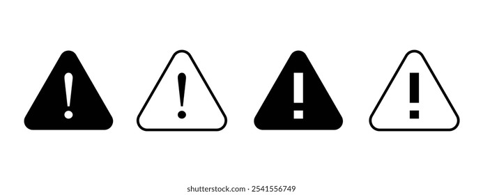 Attention sign icon set. Black color, linear. Icons, symbols. Danger sign, warning sign, attention sign. Danger warning attention icon. Hazard warning symbol isolated on white background.