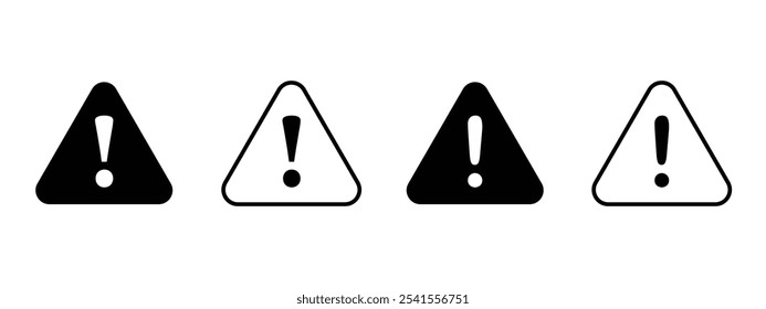 Ícone de sinal de atenção definido. Cor preta, linear. Ícones, símbolos. Sinal de perigo, sinal de aviso, sinal de atenção. Ícone de alerta de perigo. Símbolo de aviso de perigo isolado em fundo branco.
