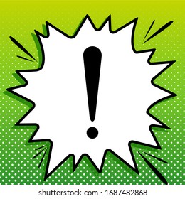 Attention sign illustration. Black Icon on white popart Splash at green background with white spots. Illustration.