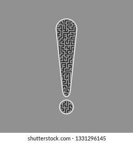 Attention sign illustration. Vector. Black maze filled icon with white border at gray background.
