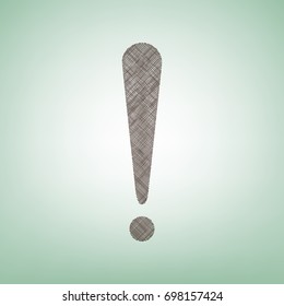 Attention sign illustration. Vector. Brown flax icon on green background with light spot at the center.