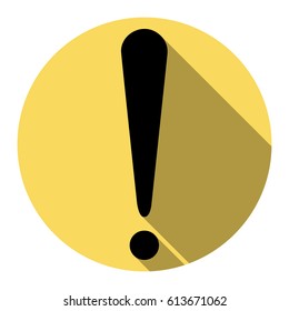 Attention sign illustration. Vector. Flat black icon with flat shadow on royal yellow circle with white background. Isolated.