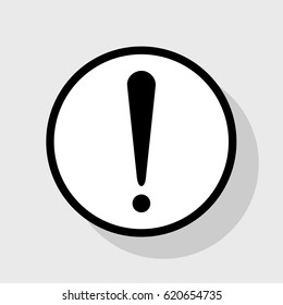 Attention sign illustration. Vector. Flat black icon in white circle with shadow at gray background.