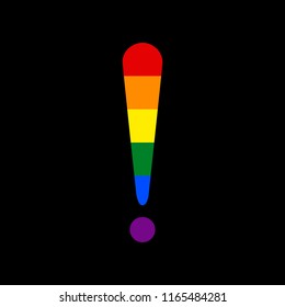 Attention sign illustration. Vector. Icon with colors of LGBT flag at black background.