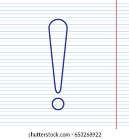 Attention sign illustration. Vector. Navy line icon on notebook paper as background with red line for field.